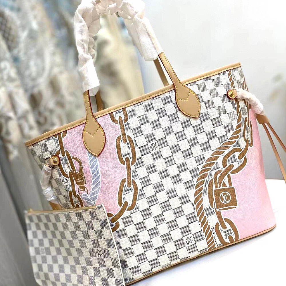 Louis Vuitton Neverfull MM Damier Azur Summer Trunks Pink 12.2 Inches M46329
